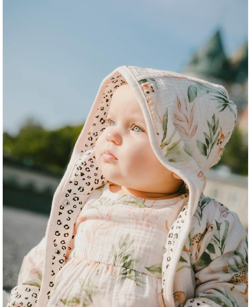 Deux par Baby Girls Muslin and Cotton Jersey Reversible Hooded Jacket Peach Deer/Leopard Print