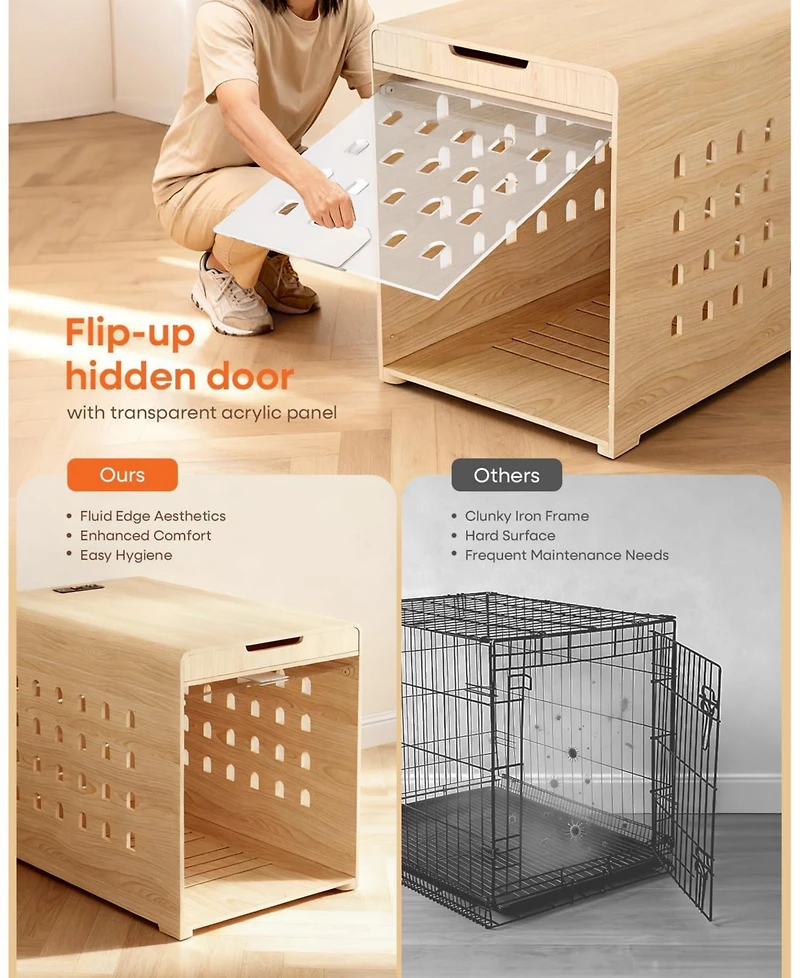 Sugift 37-Inch Oak Dog Crate Furniture with Charging Station, Large Indoor Wood Kennel Side Table with Flip Up Acrylic Door