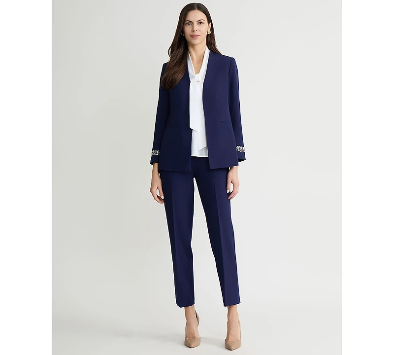 Kasper Women's Stretch Crepe Collarless Embellished Bracelet-Sleeve Jacket