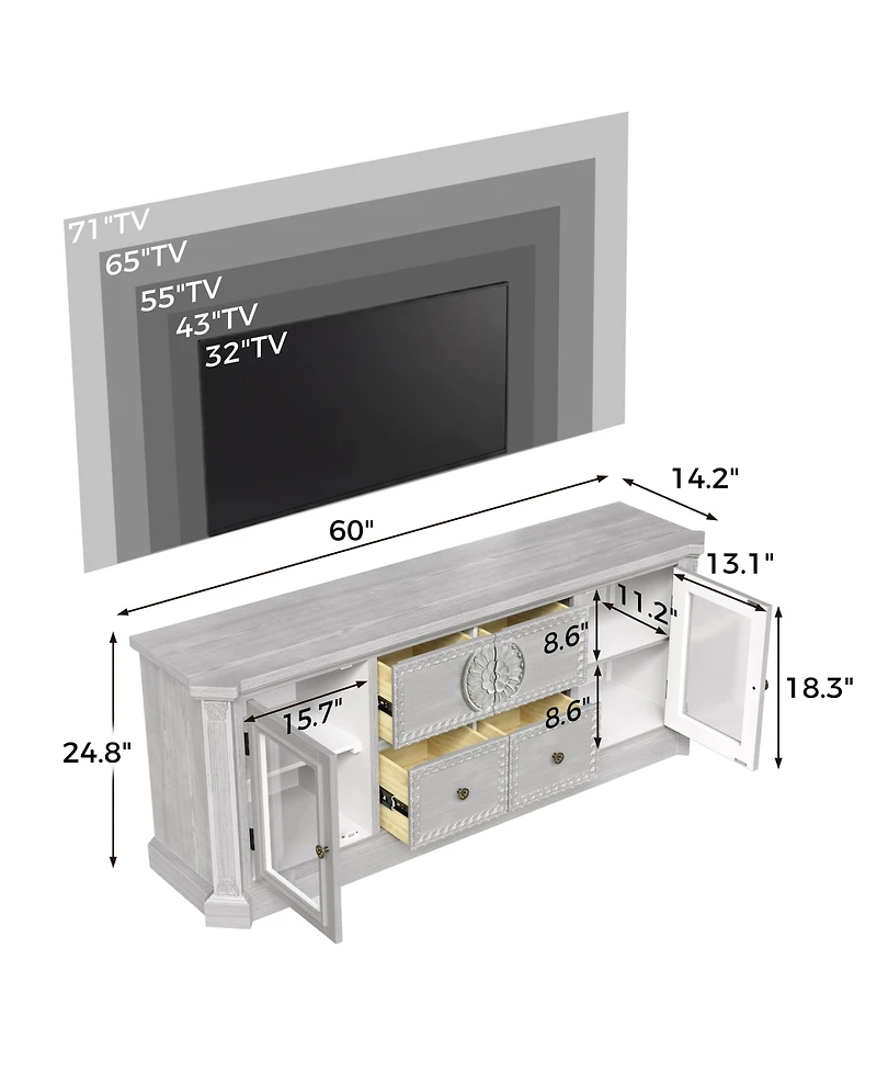 Tv stand with 4 drawers, media console with feet, entertainment center in white wood