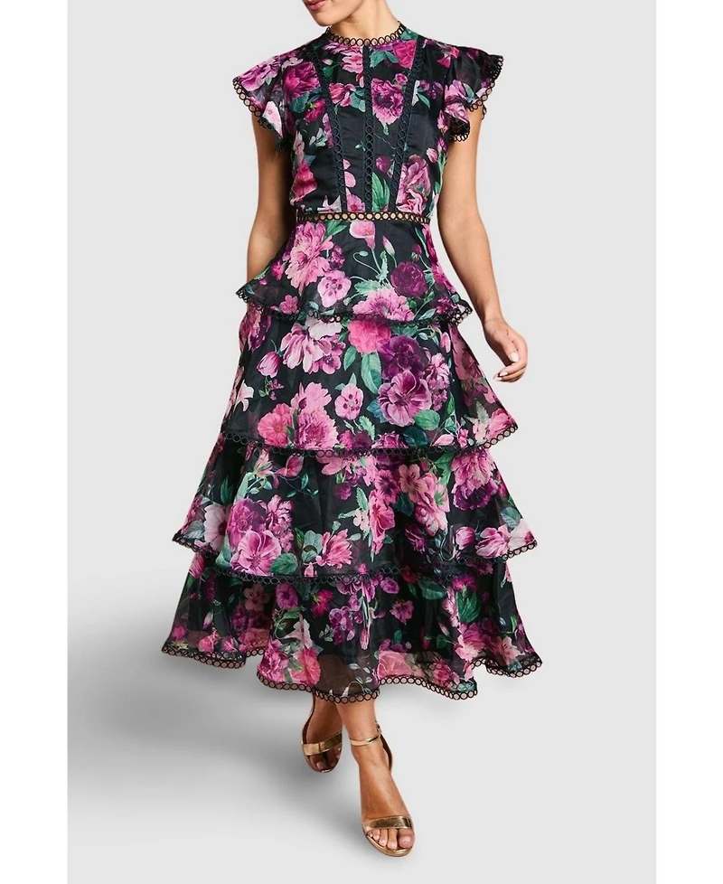 Coast Lace Trim Tiered Organza Midi Dress