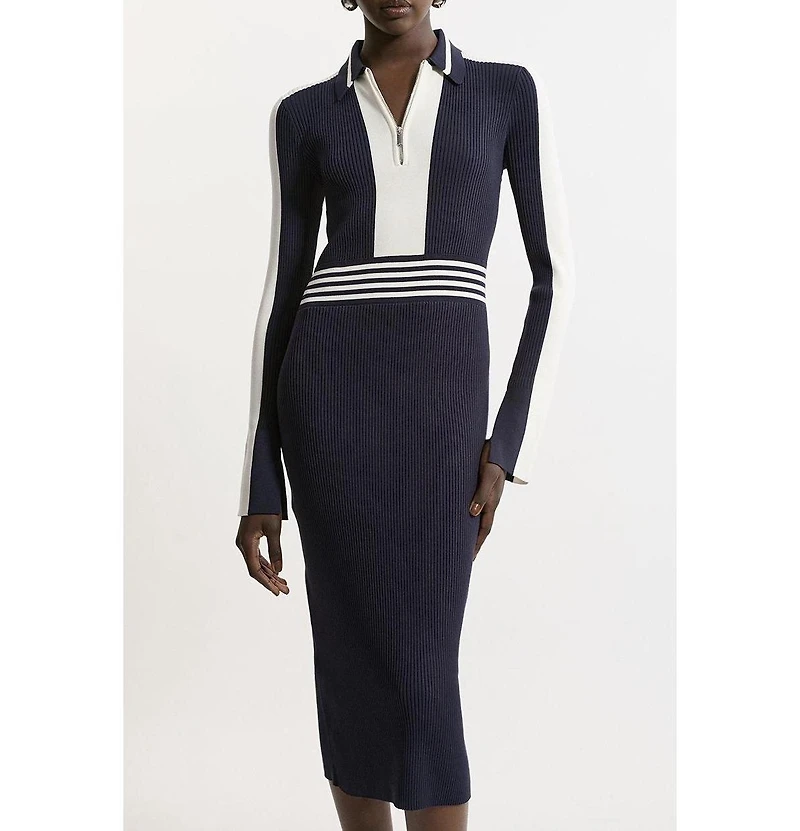 Karen Millen Women's Rib Knit Polo Zip Up Midi Dress