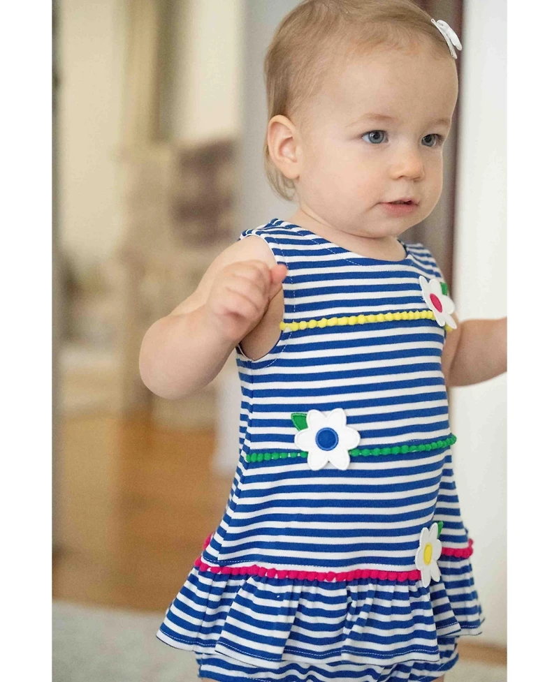 Florence Eiseman Baby Girl Stripe Knit Romper With Pom Poms & Flowers