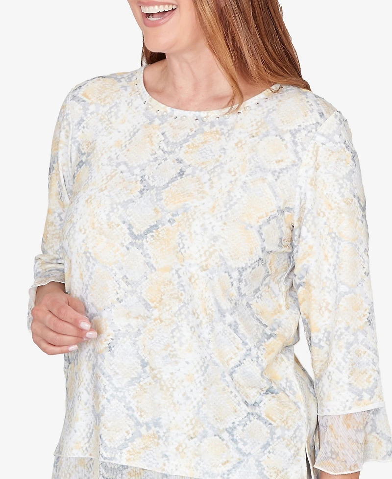 Alfred Dunner Women's Al Fresco Python Printed Knit Flutter Sleeve Top