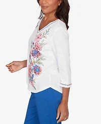 Alfred Dunner Women's The Royal Treatment Floral Butterfly Embroidered V-Neck Top