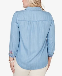 Alfred Dunner Women's Beachcomber Floral Embroidered Button Front Top