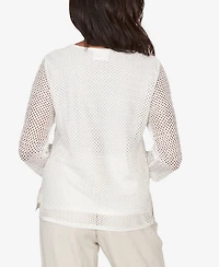 Alfred Dunner Women's Natural Wonder Sequin Mesh Flower Top