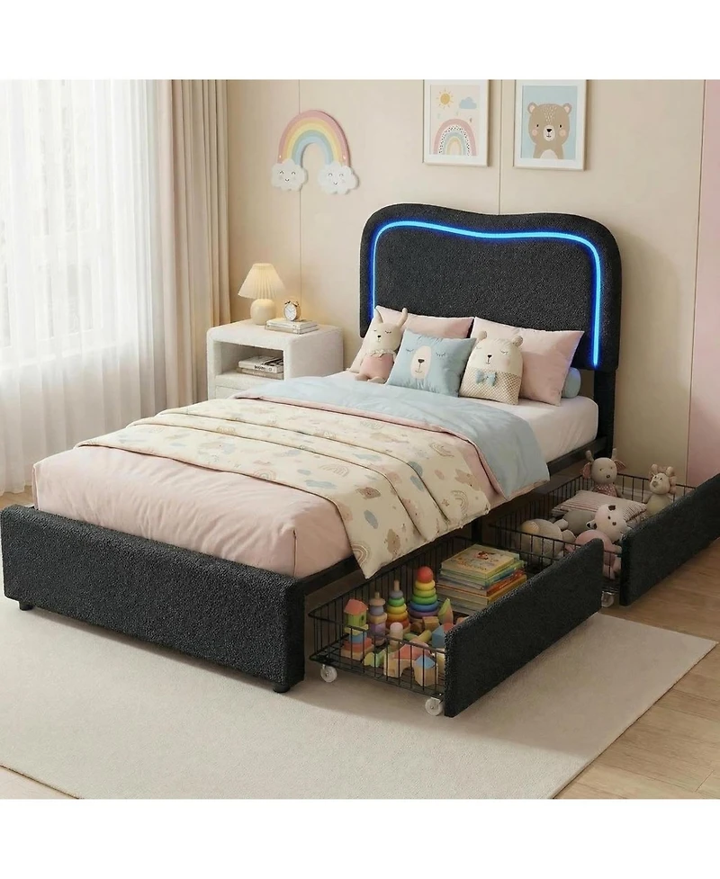 gaomon Boucle Bed Frame with 2 Storage Drawers, Upholstered Platform Led Headboard