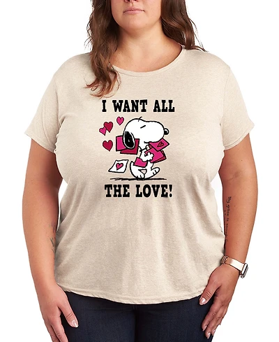 Hybrid Apparel Women's Peanuts Snoopy Valentine I Want All The Love Short Sleeve Graphic T-Shirt