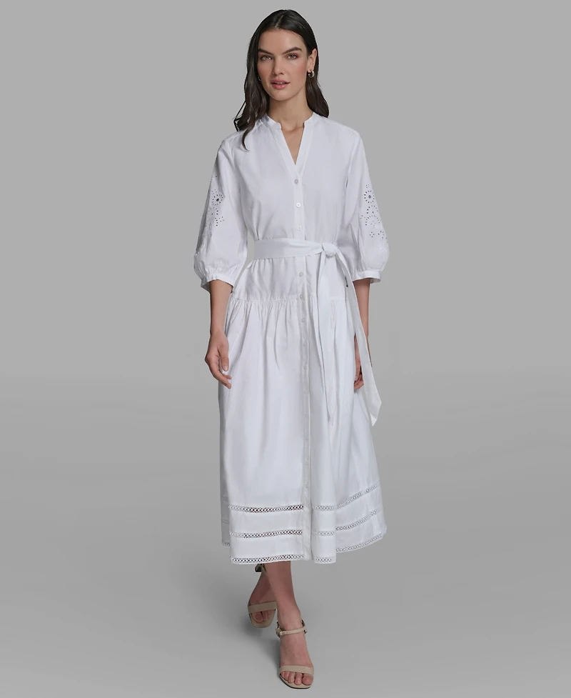 Karl Lagerfeld Paris Women's Poplin Eyelet Button Front Midi Dress