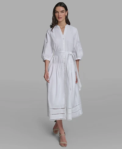 Karl Lagerfeld Paris Women's Poplin Eyelet Button Front Midi Dress