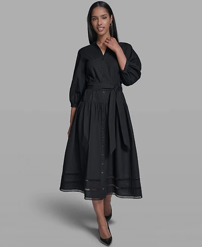Karl Lagerfeld Paris Women's Poplin Eyelet Button Front Midi Dress
