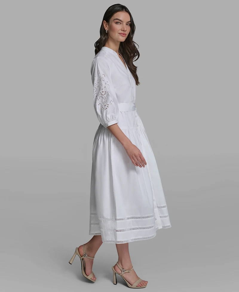 Karl Lagerfeld Paris Women's Poplin Eyelet Button Front Midi Dress