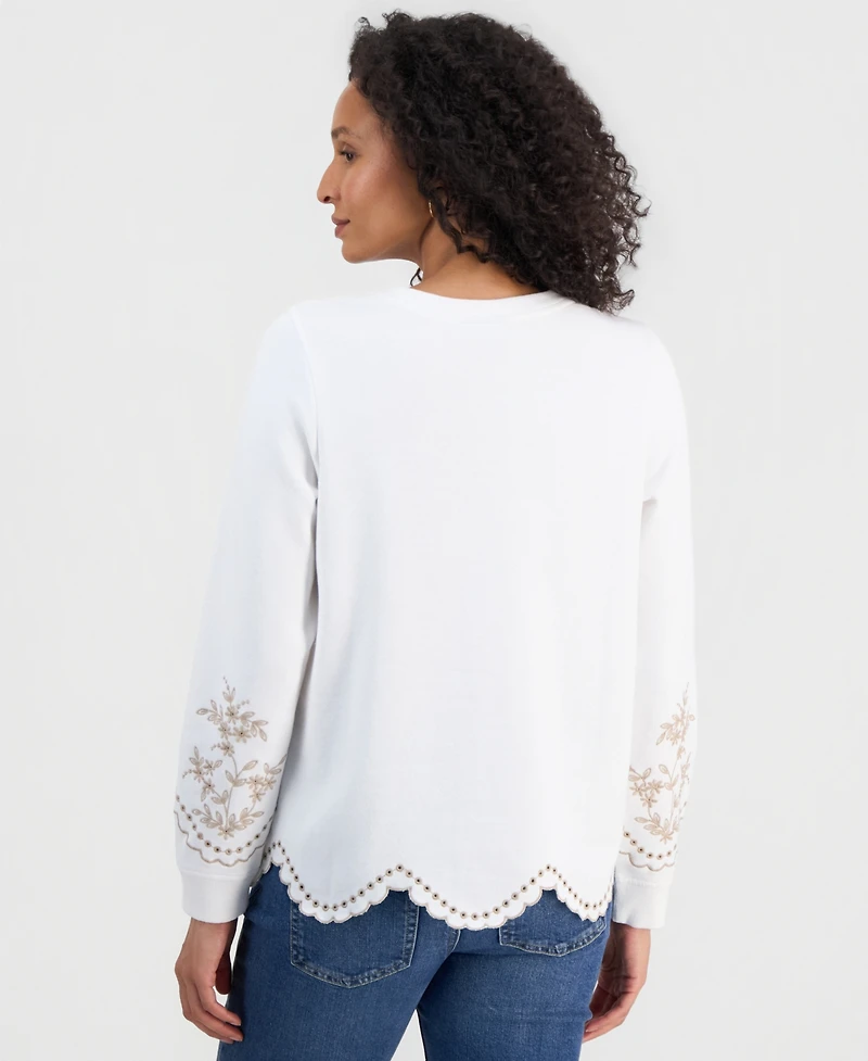 Style & Co Petite Long-Sleeve Trim Eyelet Knit Crew Neck Top, Macy's Exclusive