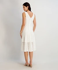 kensie Women's V-Neck Floral Lace Midi Dress