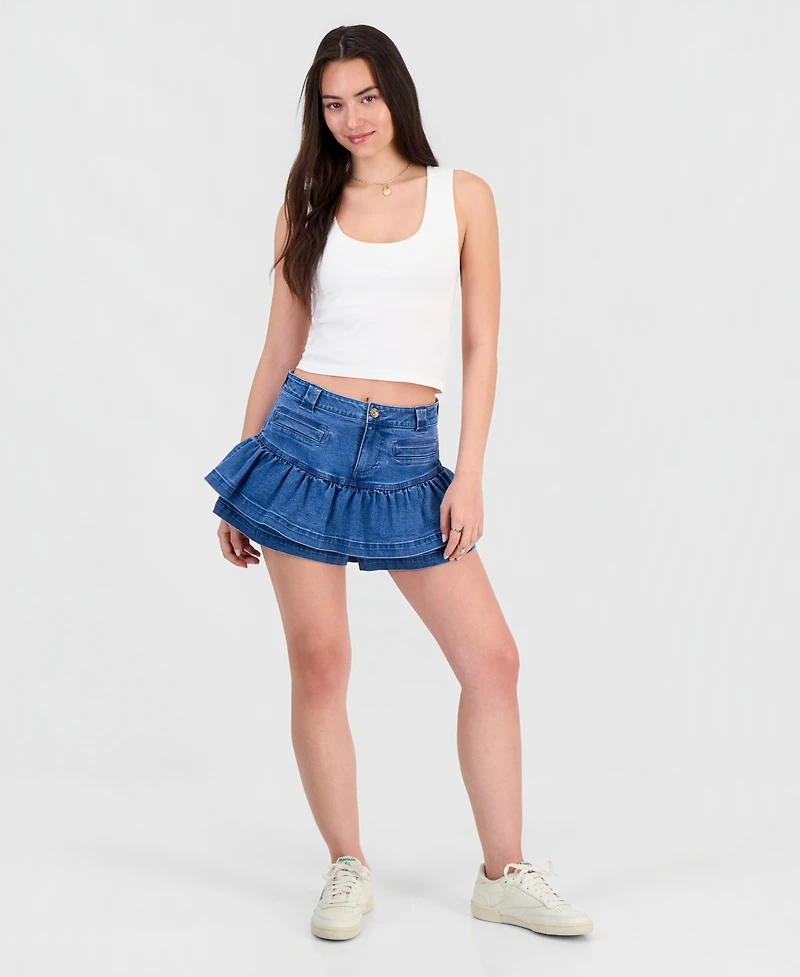 Tinseltown Juniors' High-Rise Ruffled Denim Skort