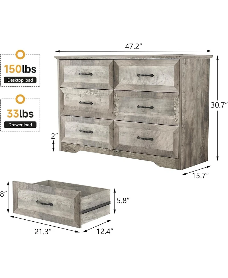 gaomon Takywep 6-Drawer Dresser for Bedroom - Farmhouse Modern Wooden Storage Chest with Metal Handles, Organizer Bedroom, Living Room