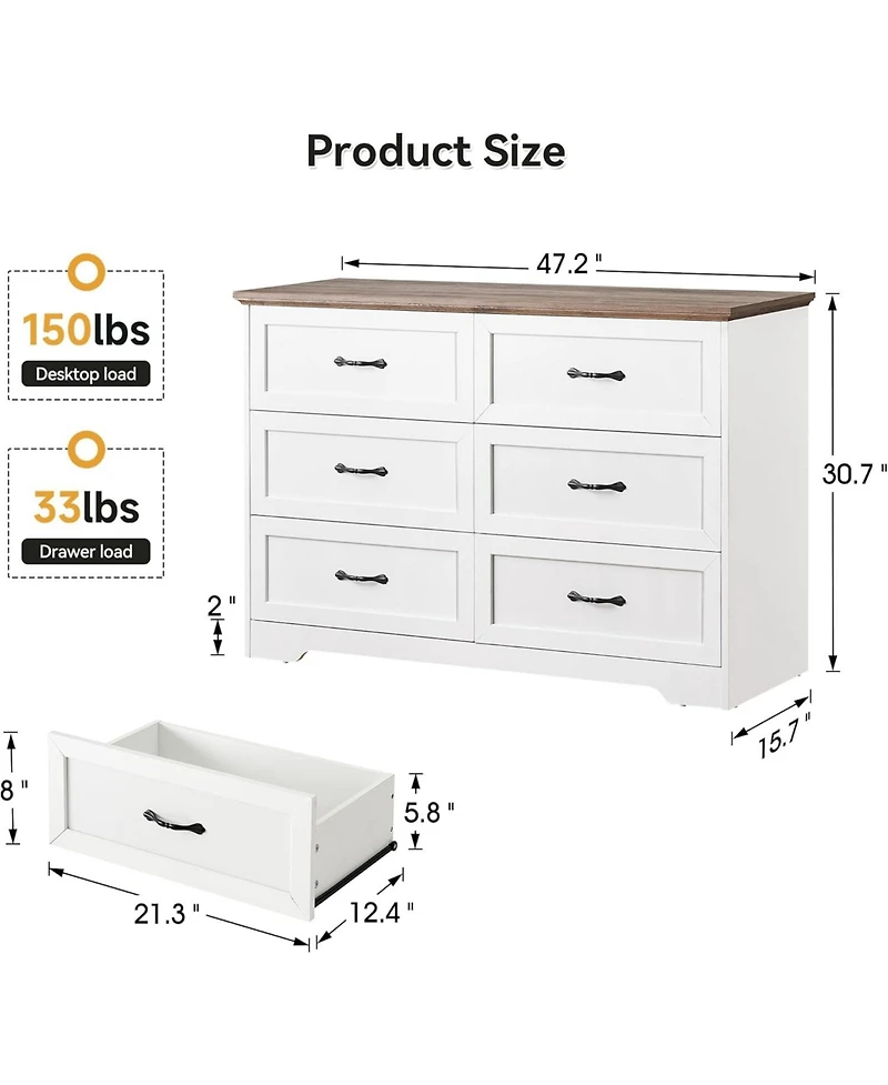 gaomon Takywep 6-Drawer Dresser for Bedroom – Farmhouse Modern Wooden Storage Chest with Metal Handles, Organizer Bedroom, Living R
