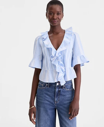 On 34th Women's Short Sleeve Ruffle-Front Cotton Blouse, Macy's Exclusive