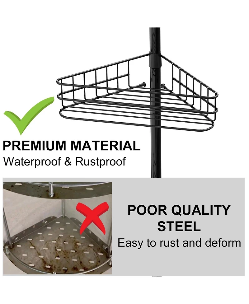 Homfan Corner Shower Caddy Tension Pole, 4-Tier Rustproof Bathroom Shelves with Built-In Towel Bars