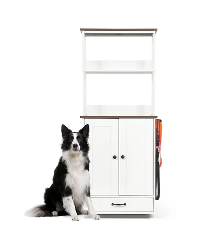 Cozito Pet Feeding Station with Pull-Out Bowls and Storage Shelves, Side Hooks, White