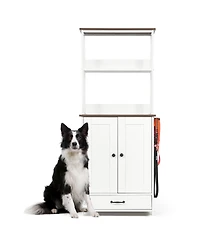 Cozito Pet Feeding Station with Pull-Out Bowls and Storage Shelves, Side Hooks, White