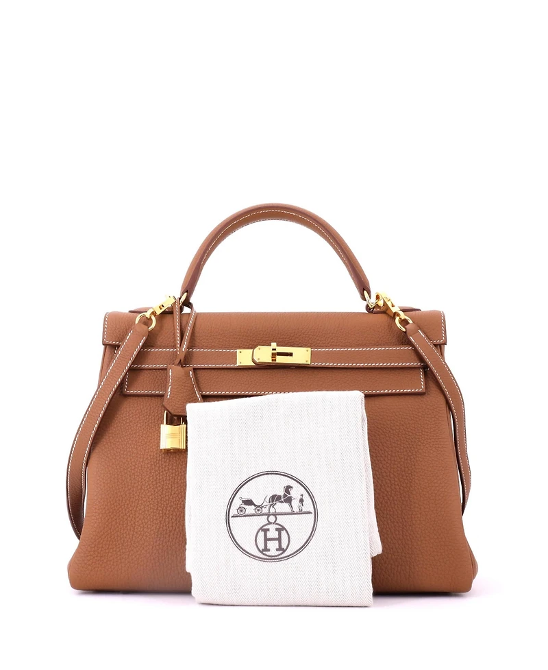 Pre-Owned HERMES Kelly 32 Handbag Brown Togo with Gold Hardware