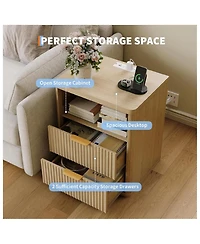 Gaomon 1PC Natural Fluted Nightstand, 2-Drawer Bedside Table with Charging Station & Open Storage