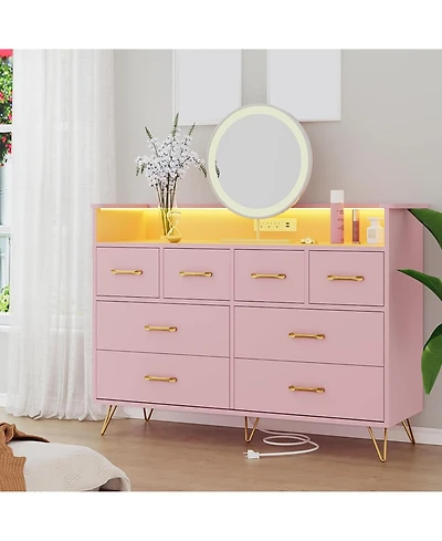 gaomon 8 Drawer Wood Dressers for Bedroom with Led Light and Power Outlet, Wooden Open Shelves Adult Kids