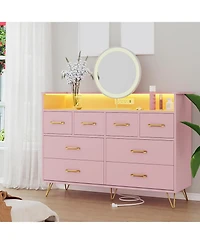 gaomon 8 Drawer Wood Dressers for Bedroom with Led Light and Power Outlet, Wooden Open Shelves Adult Kids