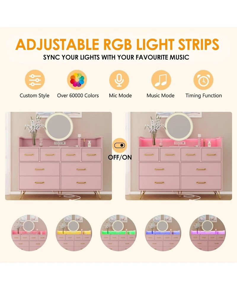 gaomon 8 Drawer Wood Dressers for Bedroom with Led Light and Power Outlet, Wooden Open Shelves Adult Kids