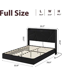 gaomon Floating Bed Frame with Rgb Led Lights and Charging Station, Upholstered Platform Storage Headboard Button Tufted Design, No