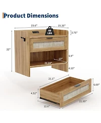 gaomon Rattan Nightstand, Bedside Table with Type-c Charging Station