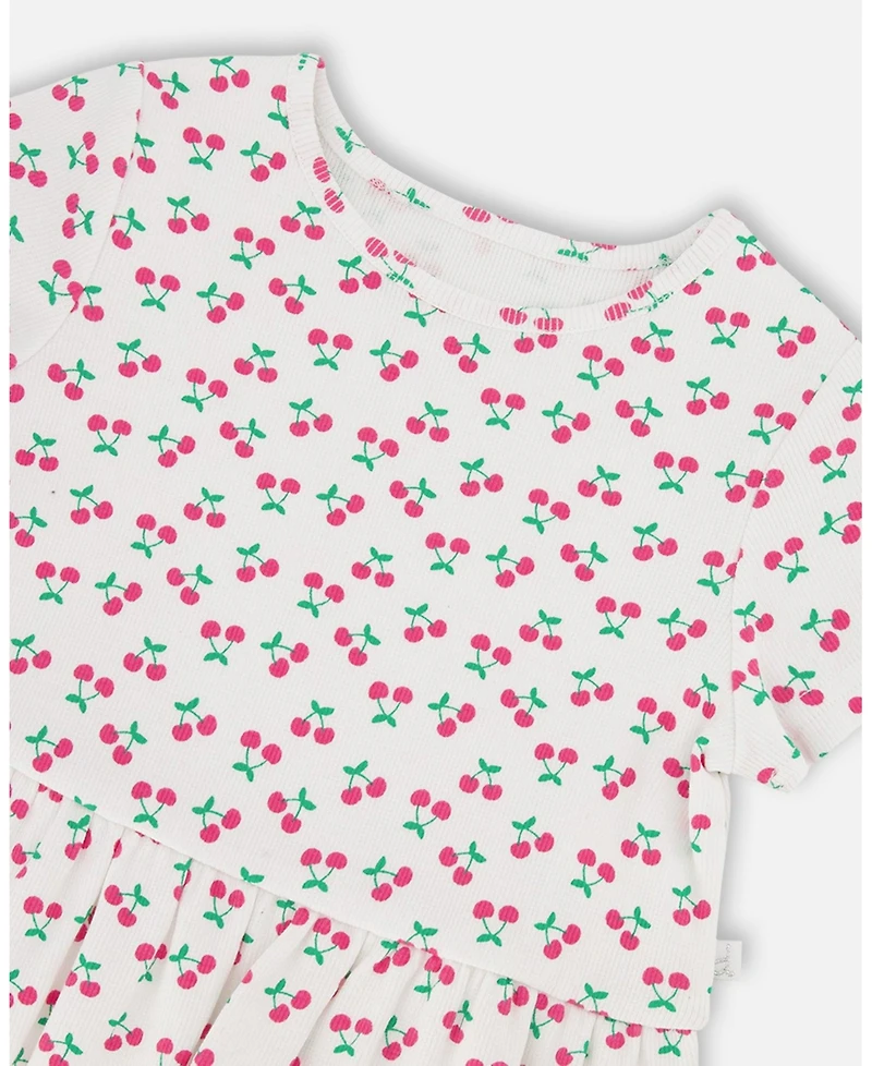 Deux par Deux Girl Rib Crop T-Shirt with Frill Printed Cheeries