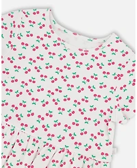 Deux par Deux Girl Rib Crop T-Shirt with Frill Printed Cheeries