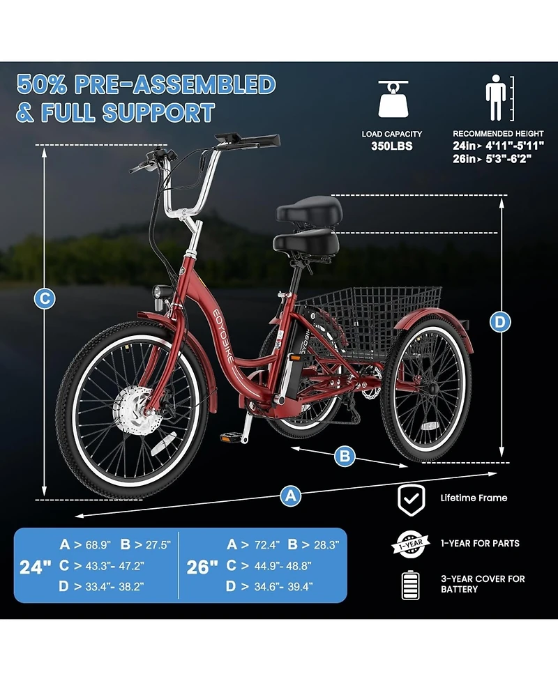 Mooncool 350W Electric Tricycle for Adults with 24" x 2.1" Wheels
