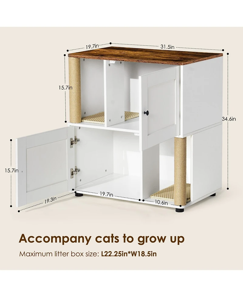 Cozito Double Cat Litter Box Enclosure Cabinet with Shelf and Scratching Post, Fits Two Litter Boxes, White and Vintage Finish