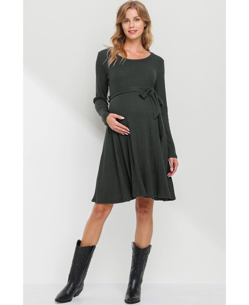 Hello Miz Maternity Rib Knit Empire Waist Long Sleeve Knee-Length Dress
