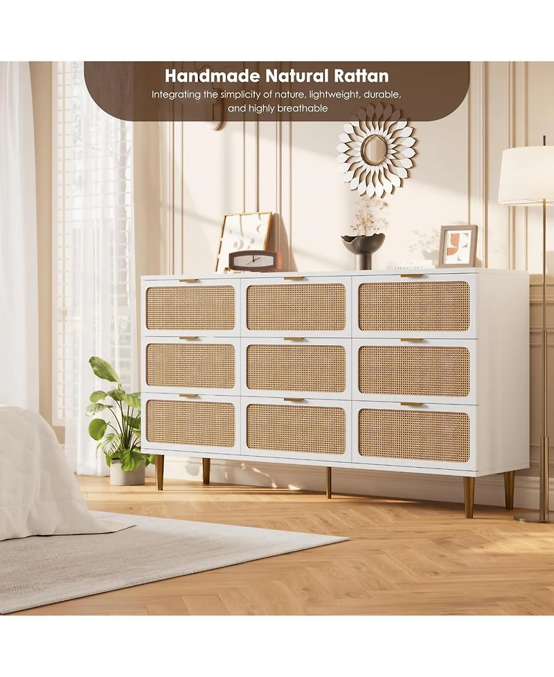 gaomon Rattan 9 Drawer Dressers for Bedroom, Tall Dresser with Deep Drawers, Large Chest of Drawers Closet Wide Top
