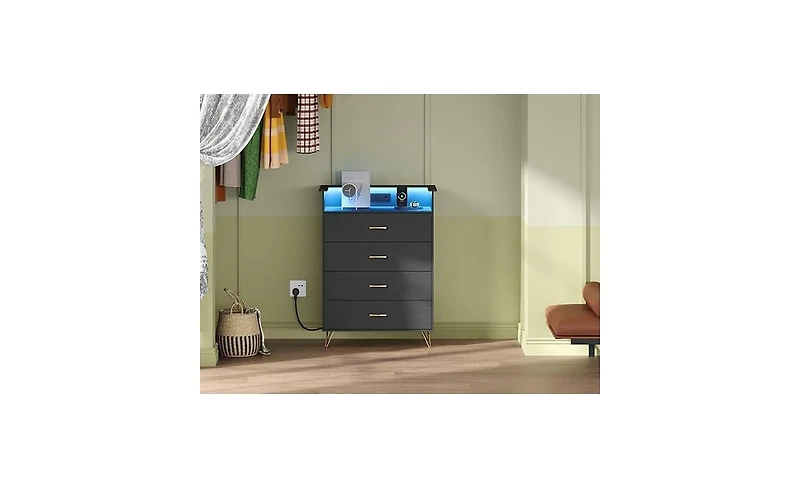 gaomon 4-Drawer Dresser for Bedroom with Charging Station & Rgb Lights, Tall Modern Wooden Chest of Drawers with App Control, Large Storage Cabinet