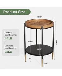 Tribesigns Round Side Table Set of 2, 2-Tier End Table with Solid Wood and Metal, Industrial Nightstand