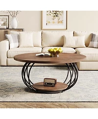 Tribesigns Round Coffee Table for Living Room, 39.4" Industrial Wooden 2-Tier Circle Accent Center Cocktail Table with Storage Shelf and Metal Fr