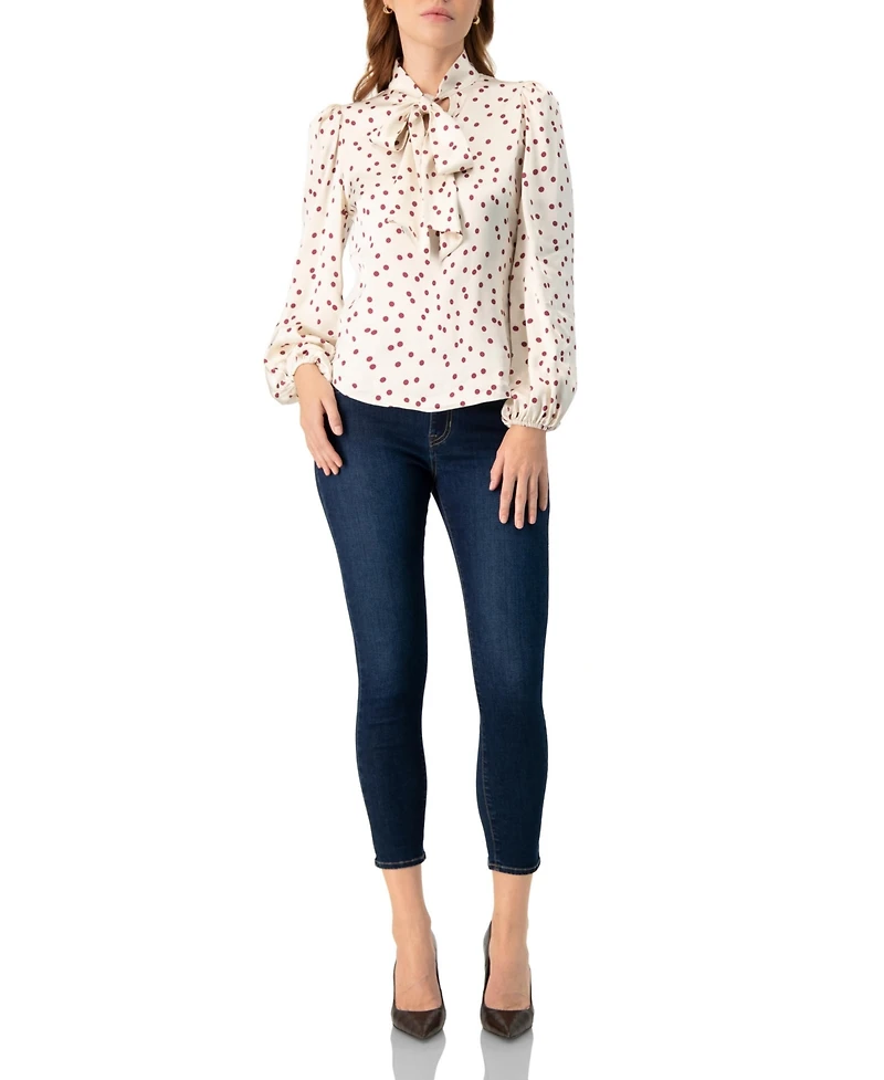 Ivonne Women's Long Sleeve Polka Dot Blouse with Neck Tie