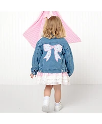 Sweet Wink Little Girls Pearl and Gemstone Floral Bow Patch Denim Jacket