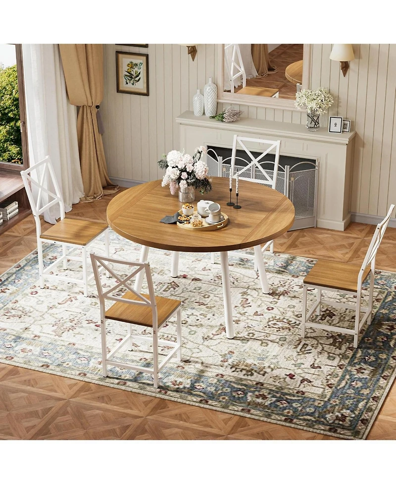 Ironck Dining Table Set for 4, Round Kitchen Table and 4 Stool Chair for Dining Room, 44.5" Drop Leaf Desk