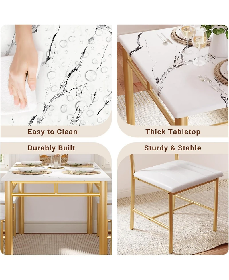 Ironck 27.6" W Dining Table Set for 4, Wood Kitchen Table with Upholstered Chairs, White & Gold