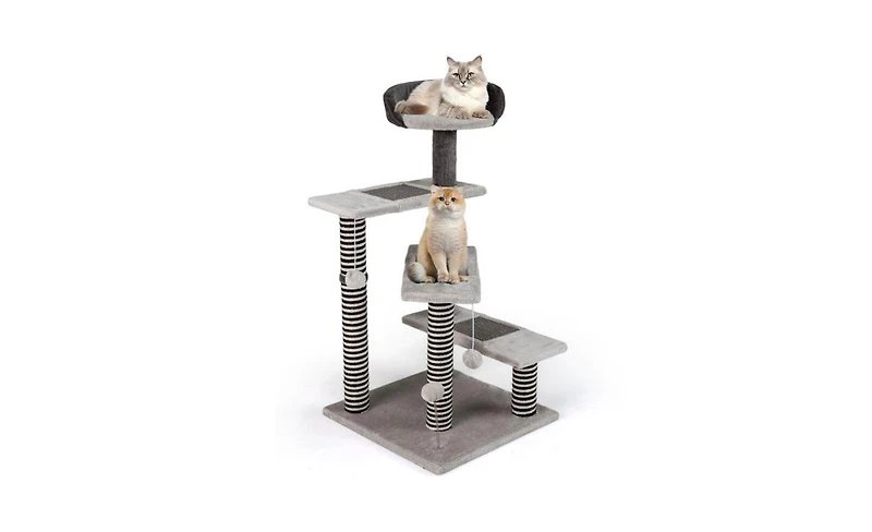 Aostirmotor 3-in-1 Cat Activity Stairs: 37-Inch Tiered Perches with Scratching Mats, Spring Ball & Dangling Toys for Climbing and Play