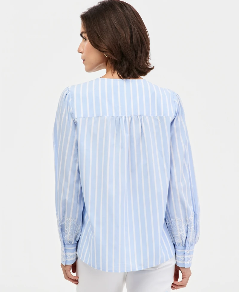 Jones New York Women's Cotton Embroidered-Sleeve Blouse