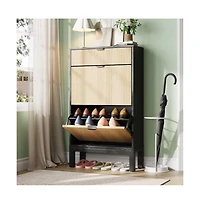 gaomon Slim farmhouse shoe storage cabinet with 2 flip drawers, fluted design, metal legs, and freestanding rack for entryway.