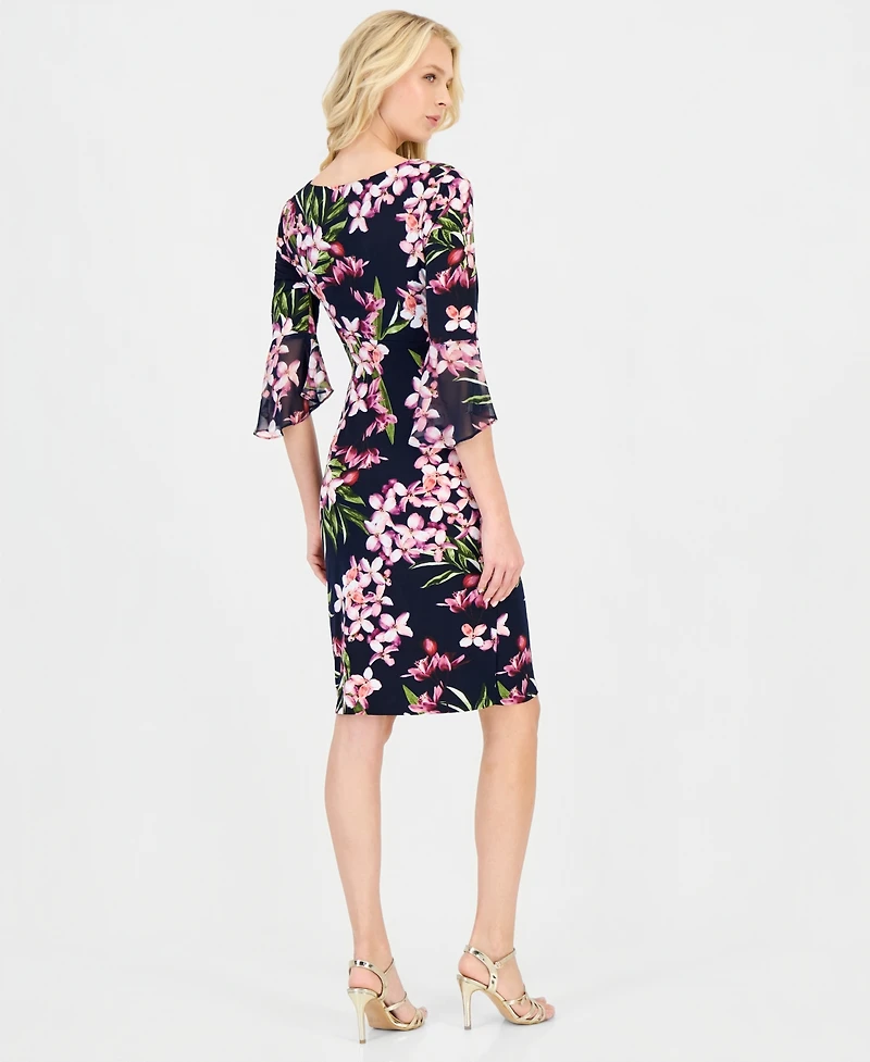Connected Women's Floral-Print Flounce-Sleeve Dress